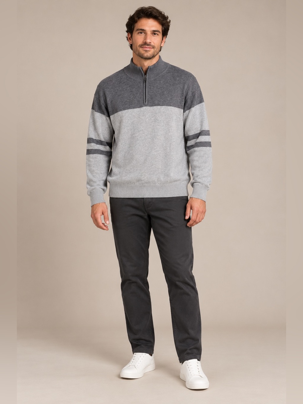 Perry Ellis Luxury Pima Cotton Colorblock Quarter-Zip Sweater XXL Gray